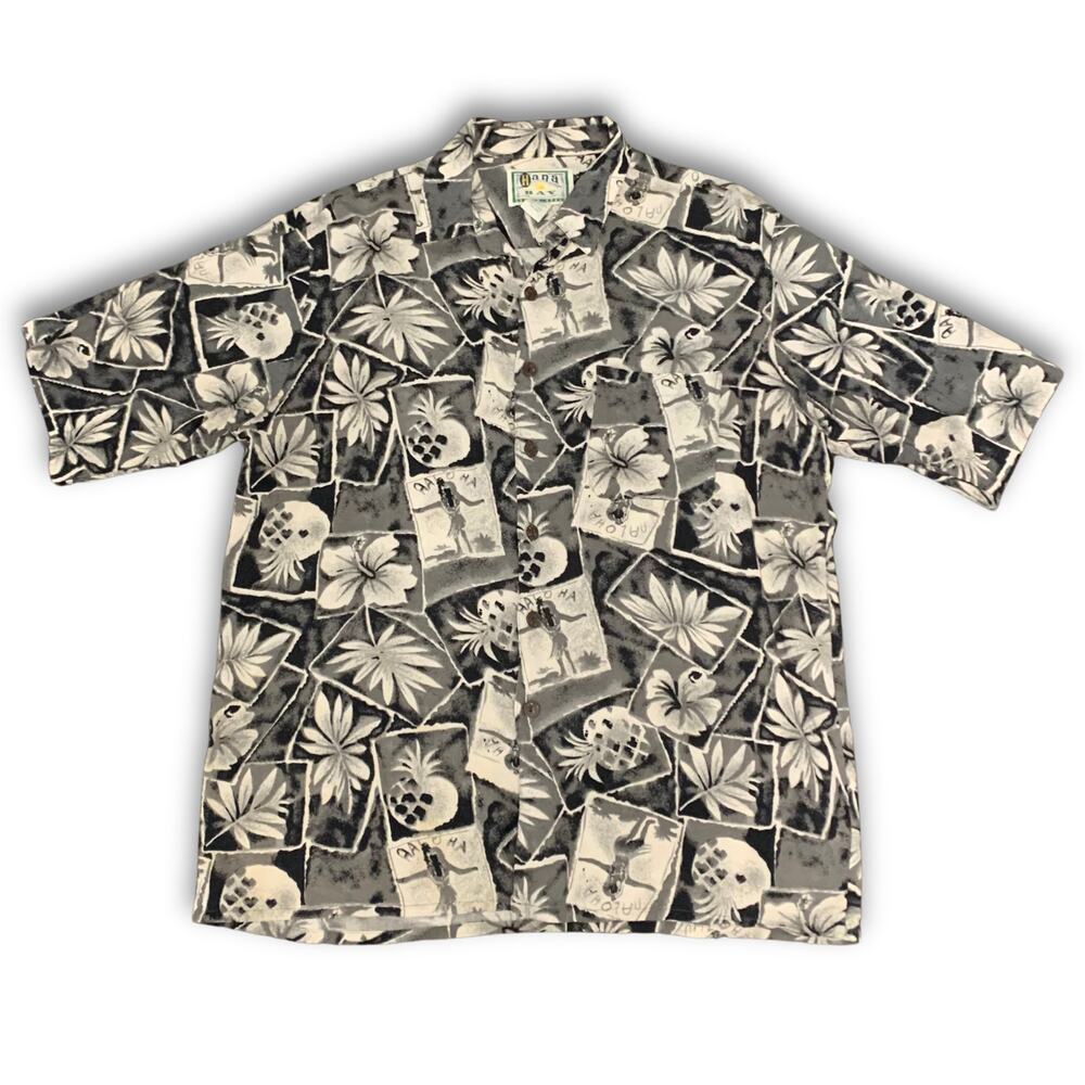 Vintage Hawaiian Shirt | Men's Large | Hana Bay Black and White Aloha Shirt